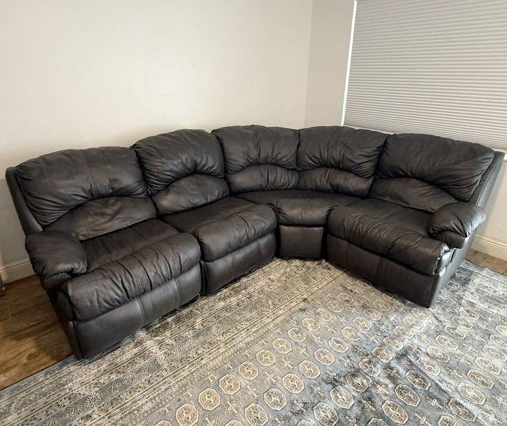 Black 4-Piece Real Leather Recliner Sectional Sofa, L-Shaped (3) Chair Reclining Couch