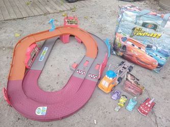 Vintage discontinued Cars 2 shake and go grad prix track and misc vehicles bundle