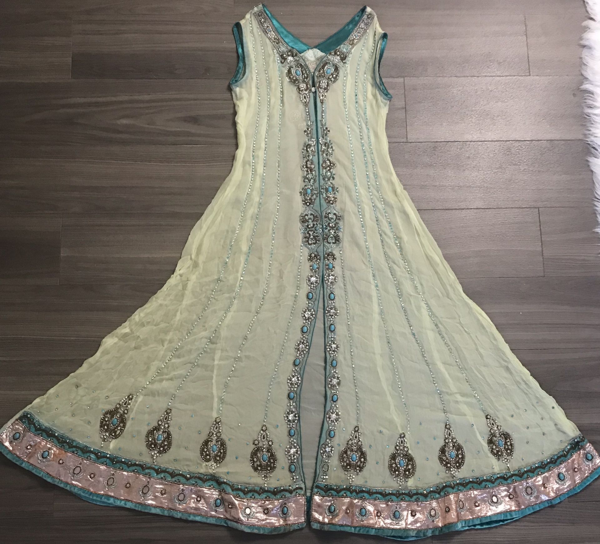 Pakistani Fancy Embroidered Lemon/Purple 4 Pieces Dress
