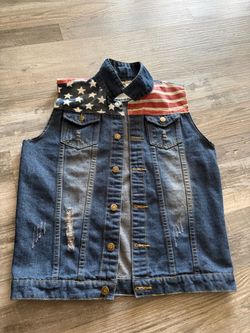 Vintage Distressed American Flag Denim Vest Dark Wash Stars Stripes XXL