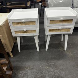 Set of 2  Rattan White Night Stand Set of 2 with 2 Drawers, Cane Accent Nightstand Bed Side End Table with Solid Wood Legs, Boho Nightstands Bedside T