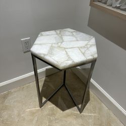 White Quartz Natural Stone And Silver Leg Hexagon Side End Table
