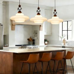 Mid-Century UFO Glass Pendant — White + Wood Accents