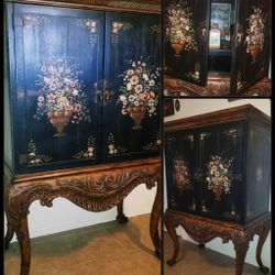 VINTAGE HIGH QUALITY ORNATE CARVED WOOD VICTORIAN HAND PAINTED FLORAL FLOWER ROSE CABINET SHELF CONSOLE TABLE