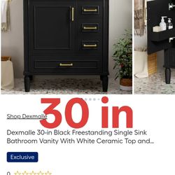 30-in Black Freestanding Single Sink Bathroom Vanity With White Ceramic Top and Three Drawers