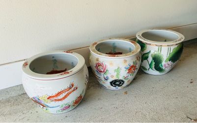Large Chinese Fish bowls / Cachepots 13” tall / 10” diameter. Lot of 3.