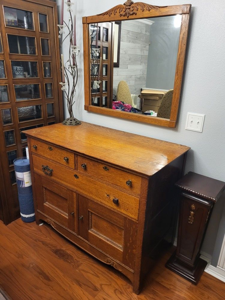 Antique Solid Oak Buffet and Mirror: 4' WIDE, 2' DEPTH, SOLID AND STURDY