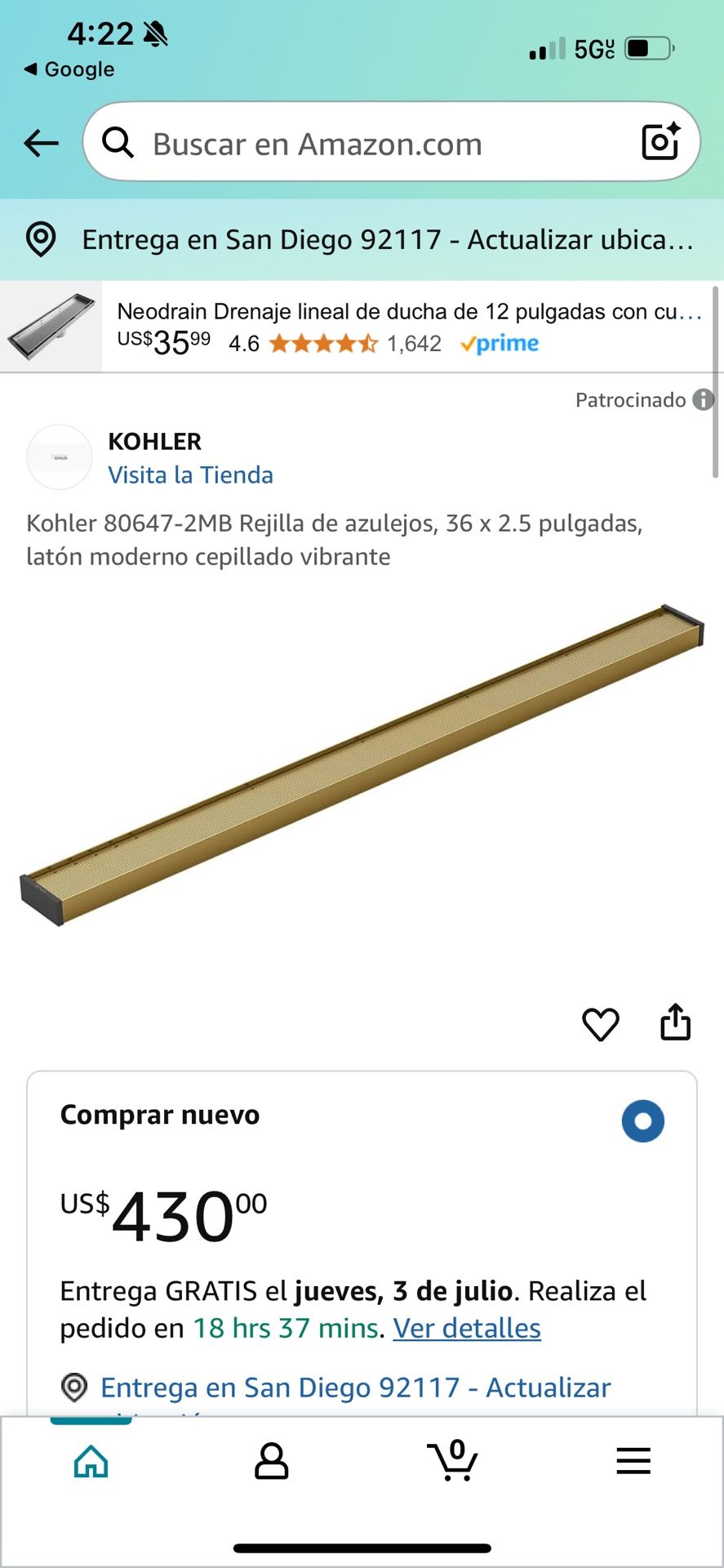 Kohler K-80647-2MB - Shower Drains Tile In Grate 36”x 2.5”