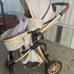 Baby. Stroller. With. Car Seat. And. Basset. Basset. Has. A. Stain 