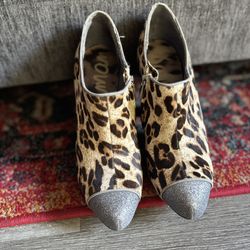 Sam Edelman Felix Leopard Print Genuine Calf Hair Ankle Boots Us Sz 8.5 M