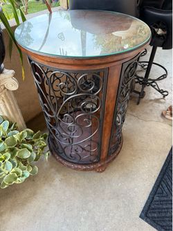 Wine Rack End Table w/ Glass Top & Hanging Stemware Storage