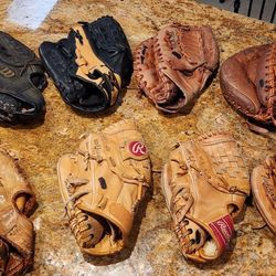 ASSORTED LEFTHAND THROW BASEBALL/ SOFTBALL GLOVES  IN GOOD USED CONDITION 