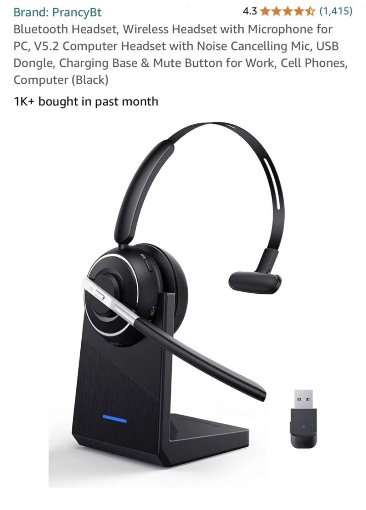 Prancybt Bluetooth Headset, Wireless Headset with Microphone for PC, V5.2