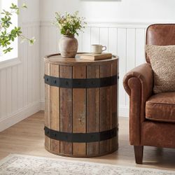 19.68" Barre l Side Tabl e with Hidden Storag e, Round Wood End Tabl e with Lid for Living Room and Bedroom