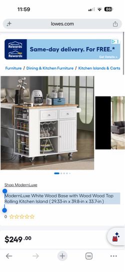 ModernLuxe White Wood Base with Wood Wood Top Rolling Kitchen Island (29.33-in x 39.8-in x 33.7-in)