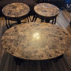 3 Piece Marble/Stone Top Coffee Living Room Table Set - Dark Metal Base