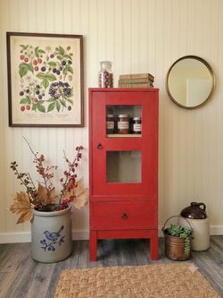 Solid Wood Red Farmhouse Jelly Cabinet - Primitive Glass Door Cupboard