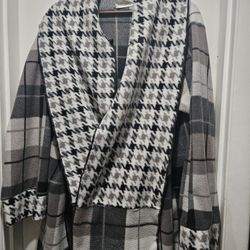 Ladies Plaid and Houndstooth Patterned Shawl Collar Coat - One Size