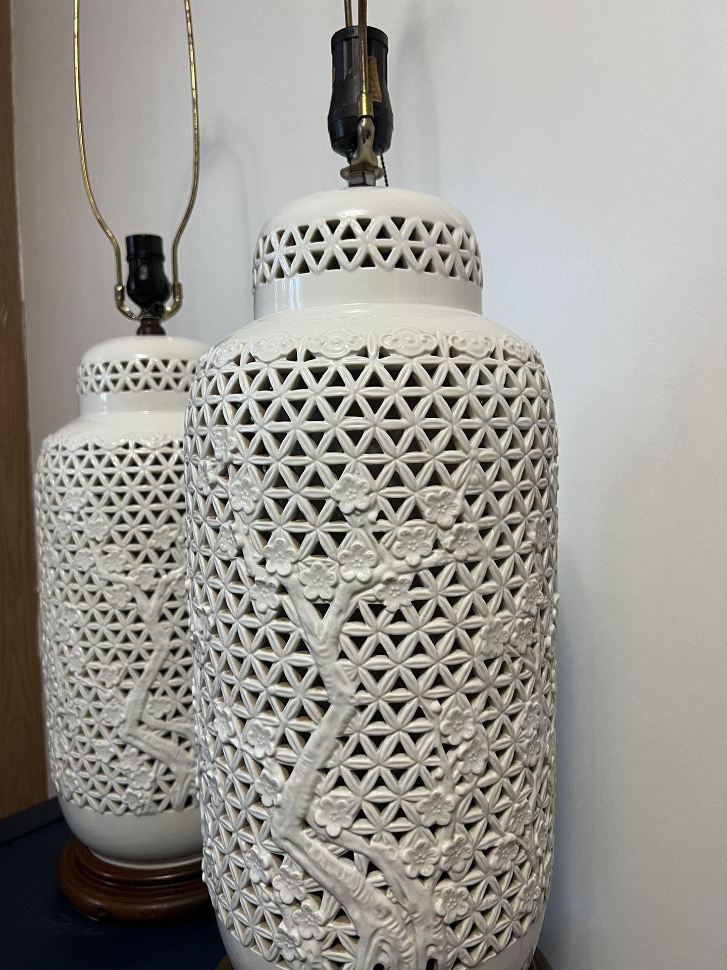 Mid-Century Vintage Reticulated Chinoiserie Porcelain Blanc De Chine Table Lamps - a Pair