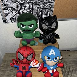 Ty marvel - hulk , spider man , captain America and black panther plush