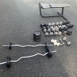 Complete workout set bench, dumbbells, plates and bars over 600lbs