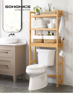 Over The Toilet Storage, 3-Tier Over Toilet Bathroom Organizer with Adjustable Shelf, 10.2 x 24.8 x 66.9 Inches, Space-Saving, Natural Beige UBTS001N0