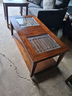 Nice Wood Coffee Table Set with Glass Inserts