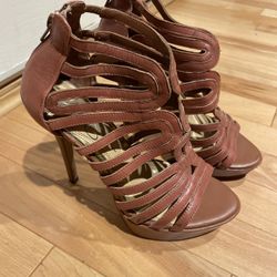 Jessica Simpson ‘Barbara’ Strappy Heels – Size 6B/36 – Tan Leather Upper – Zip Back