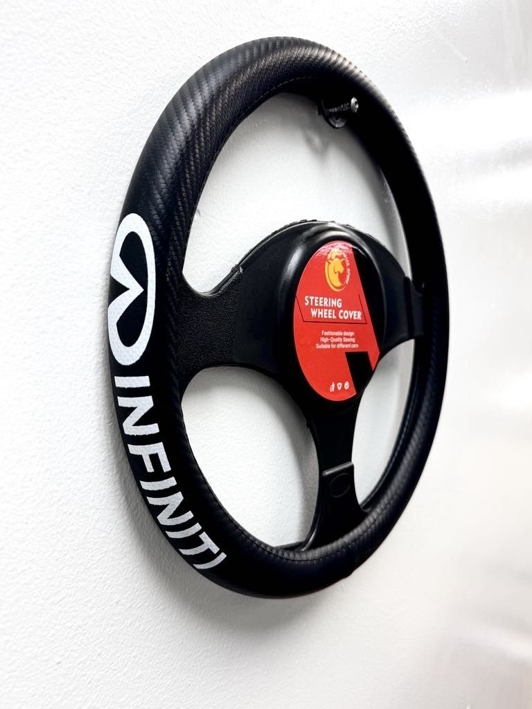 UNIVERSAL STEERING WHEEL COVER WITH LOGO (INFINITY) - MICROFIBER & PU LEATHER.