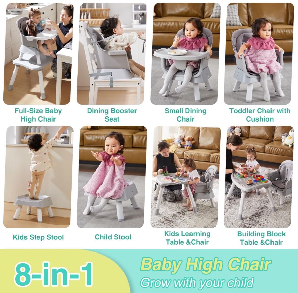 in Baby High Chair with Removable Tray, Multifunctional High Chair for  Babies and Toddlers, Converts Kids Table Chair Set/Toddler Building Block
