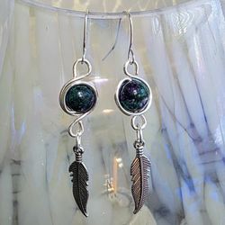 Moss Agate And Silver Feather Earrings