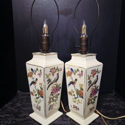 2 Vintage Mid Century Porcelain Birds Motif Parlor Lamps CZECH Republic 21"w/ Shades