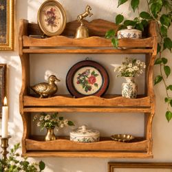 Vintage Wooden Wall Display Shelf Rustic Farmhouse Spice Rack 3 Tier Granny Chic Cottage Curio Kitchen, Trinkets, Collectibles, Rustic Farmhouse, Grny