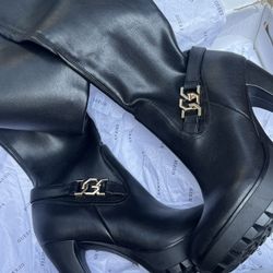 GUESS Womens Black Chain Detail Strap Lug Sole Padded Tailia Round Toe Block Heel Zip-Up Heeled Boots 9.5 M