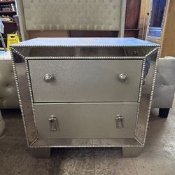 SALE Glam Silver Mirrored Nightstand | Gray Beaded 2-Drawer Bedside Table