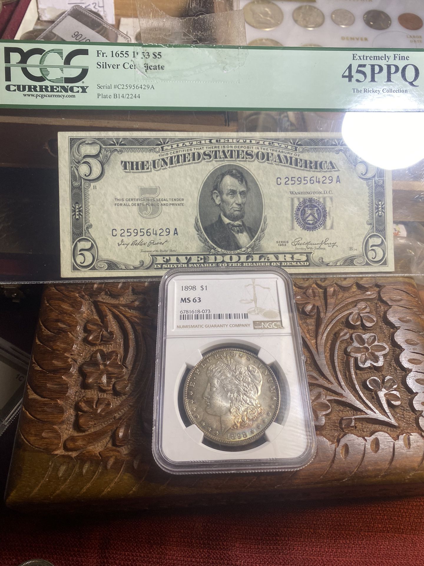 A 1898 Ms Graded By Ngc Also A Graded Pcgs5 Dollar Silver Certificate