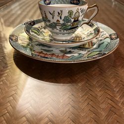 Crown Staffordshire Chinese Willow Teacup, Saucer And Plate