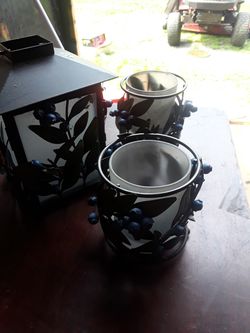 5 piece candle table set pretty blue berries with metal leaves