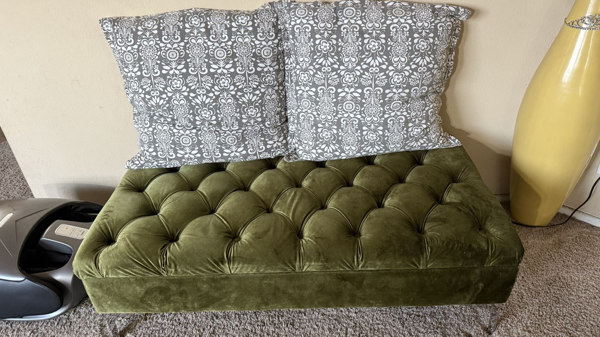 Tufted Velvet Ottoman Bench with Storage + Pillows – Olive Green
