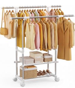 New Double Rod Clothes Rack with Wheels, Extendable Silver Stainless Steel Garment Rack, Height Adjustable 2-Tier Portable Wardrobe Organizer for Bedr