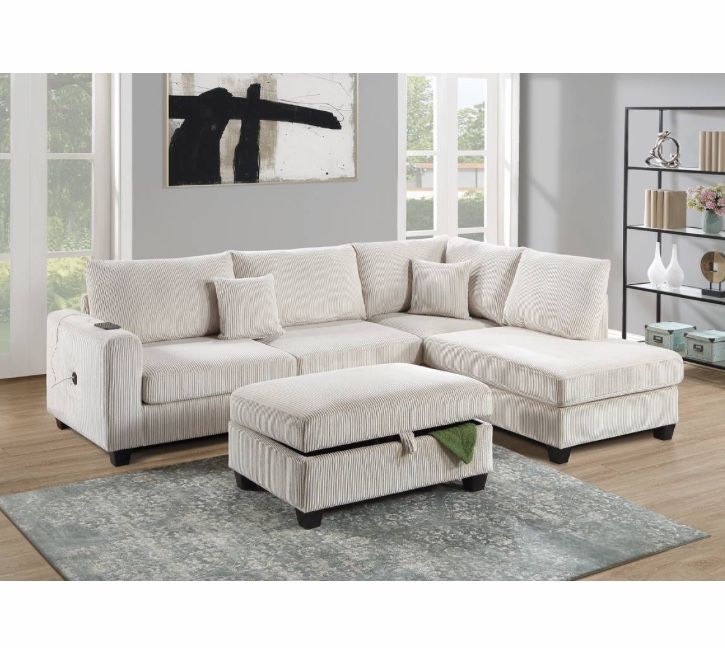Ivory Sectional With Storage Ottoman And USB Port