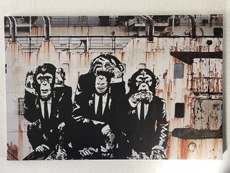 BANKSY 3 Wise Monkeys Banksy Canvas Wall Art (45in x 30in Gallery Wrapped)