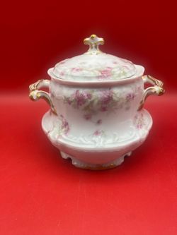 Haviland Limoges Sugar Bowl Pink Floral Embossed Design and Gold Accents RARE