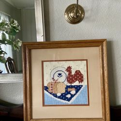 Vintage Framed Cross Stitch Wall Art Farmhouse Folk Rooster Cottagecore Decor 14”