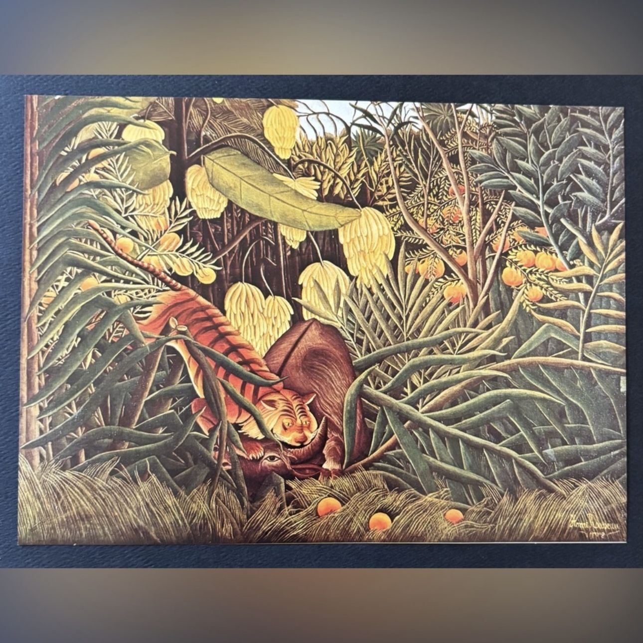 TIGER ATTACKING A BUFFALO 1908 Henri Rousseau Fine French Art Print COA Original 1975 Vintage Certificate of Authenticity Antique Italy Printed Colle
