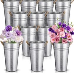  12 Pcs 12 Inch Flower Buckets Bulk Wedding Bar Supplies Galvanized Large Farmhouse Metal Vase for Cut Flower with Handle Planter Sparkler Tin Ho