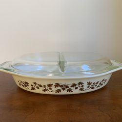 Vintage Pyrex Golden Acorm divided dish with lid - the lid is imperfect- please see photos