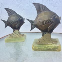 Vintage, retro art deco brass tropical fish book ends on green stone bases