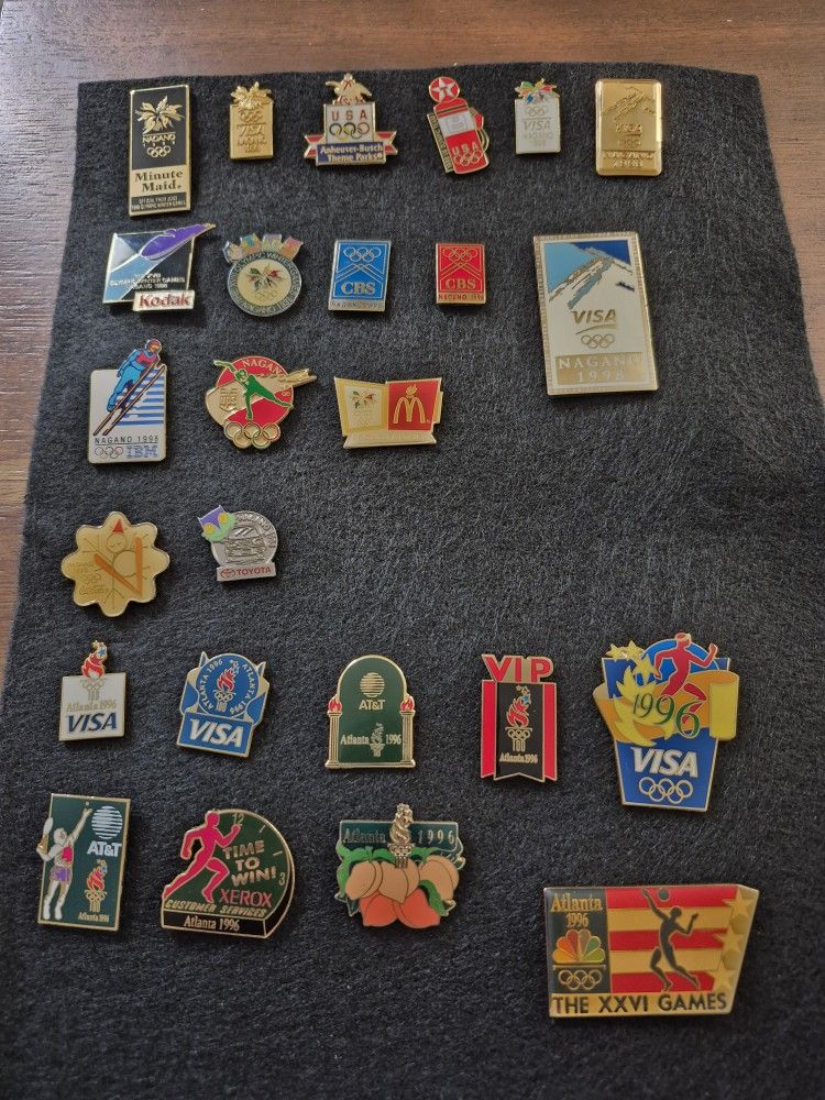 1998 Nagano Olympics badges pin and tickets, as well as 1996 Atlanta Olympics badges pin