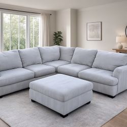 Light Gray Sectional Sofa with Ottoman — Modern Fabric Couch Set, Deep Seating, L-Shaped Sectional